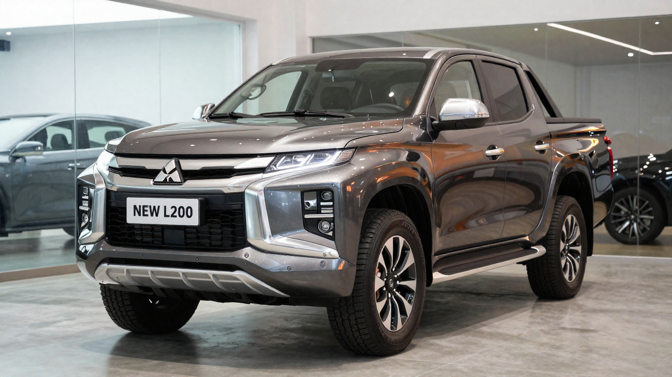 Picape Mitsubishi New L200 cinza estacionada em showroom com piso e paredes claras.