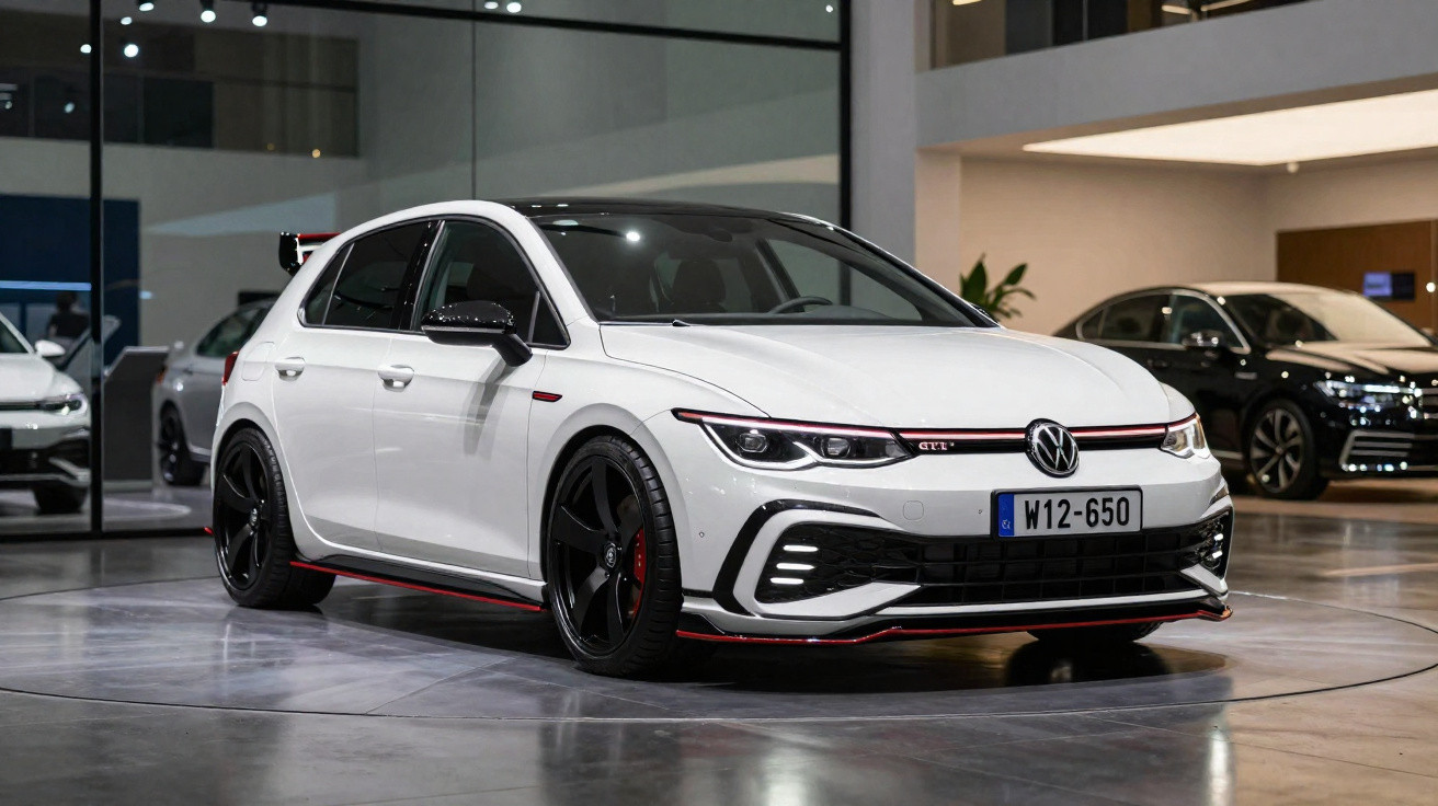 Carro desportivo branco Volkswagen GTI estacionado em showroom moderno com pavimento polido.