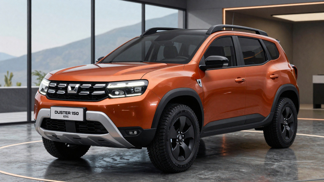 SUV Dacia Duster laranja com detalhes pretos, estacionado em ambiente interior moderno e iluminado.