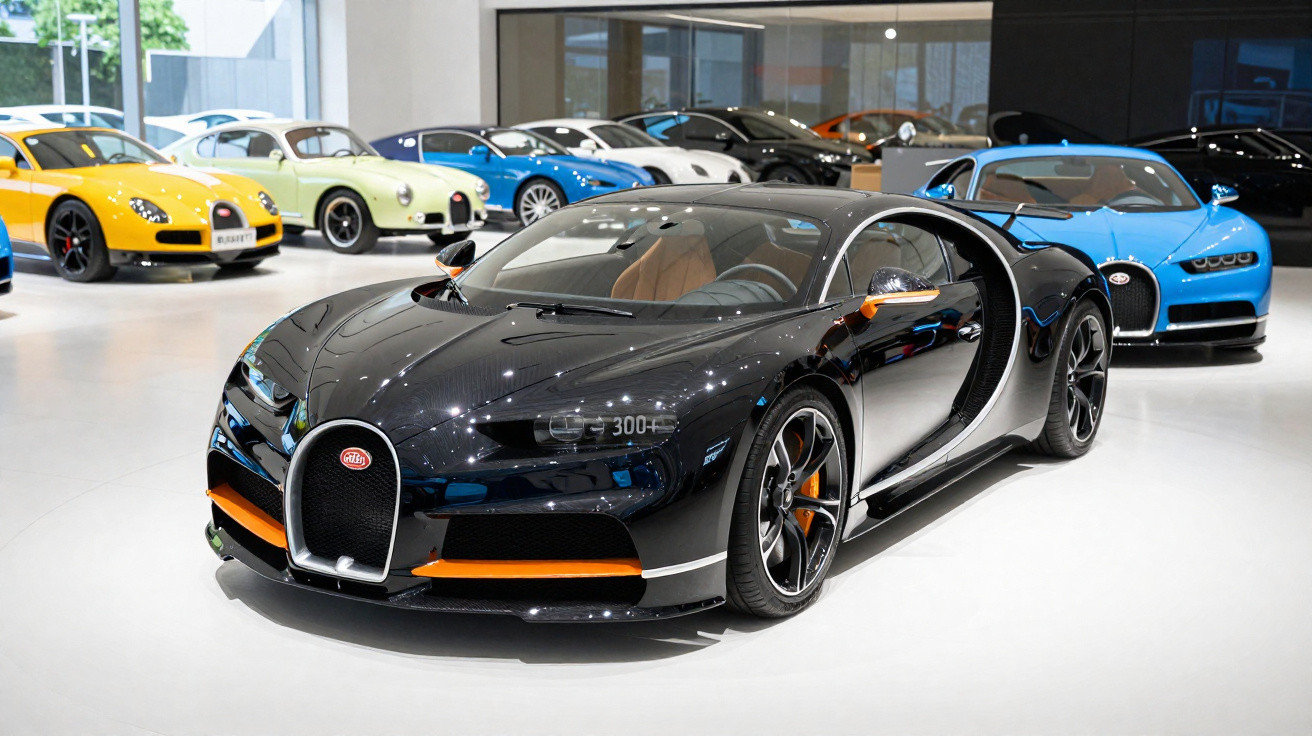 Carros desportivos Bugatti em exposição num showroom moderno, com destaque para um modelo preto brilhante.