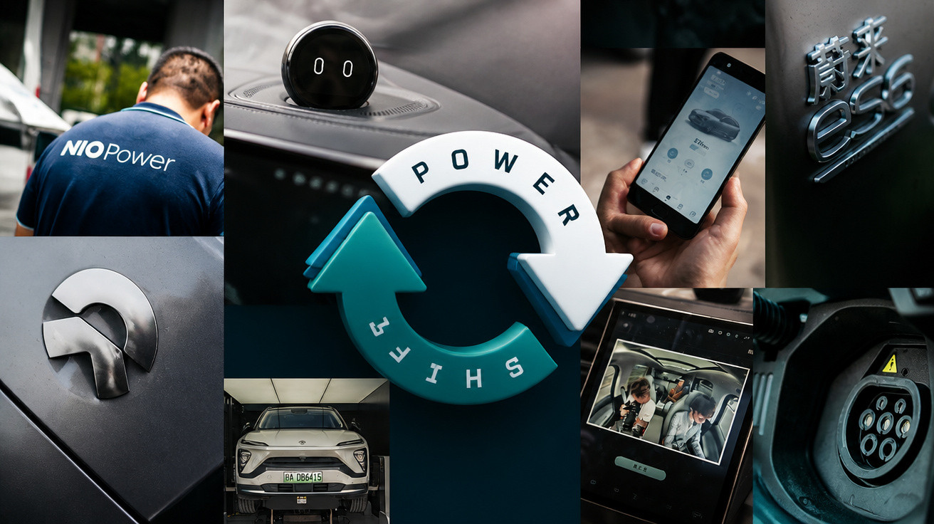 Colagem de imagens relacionadas à marca NIO, incluindo logotipos, carro elétrico, carregador e app móvel.
