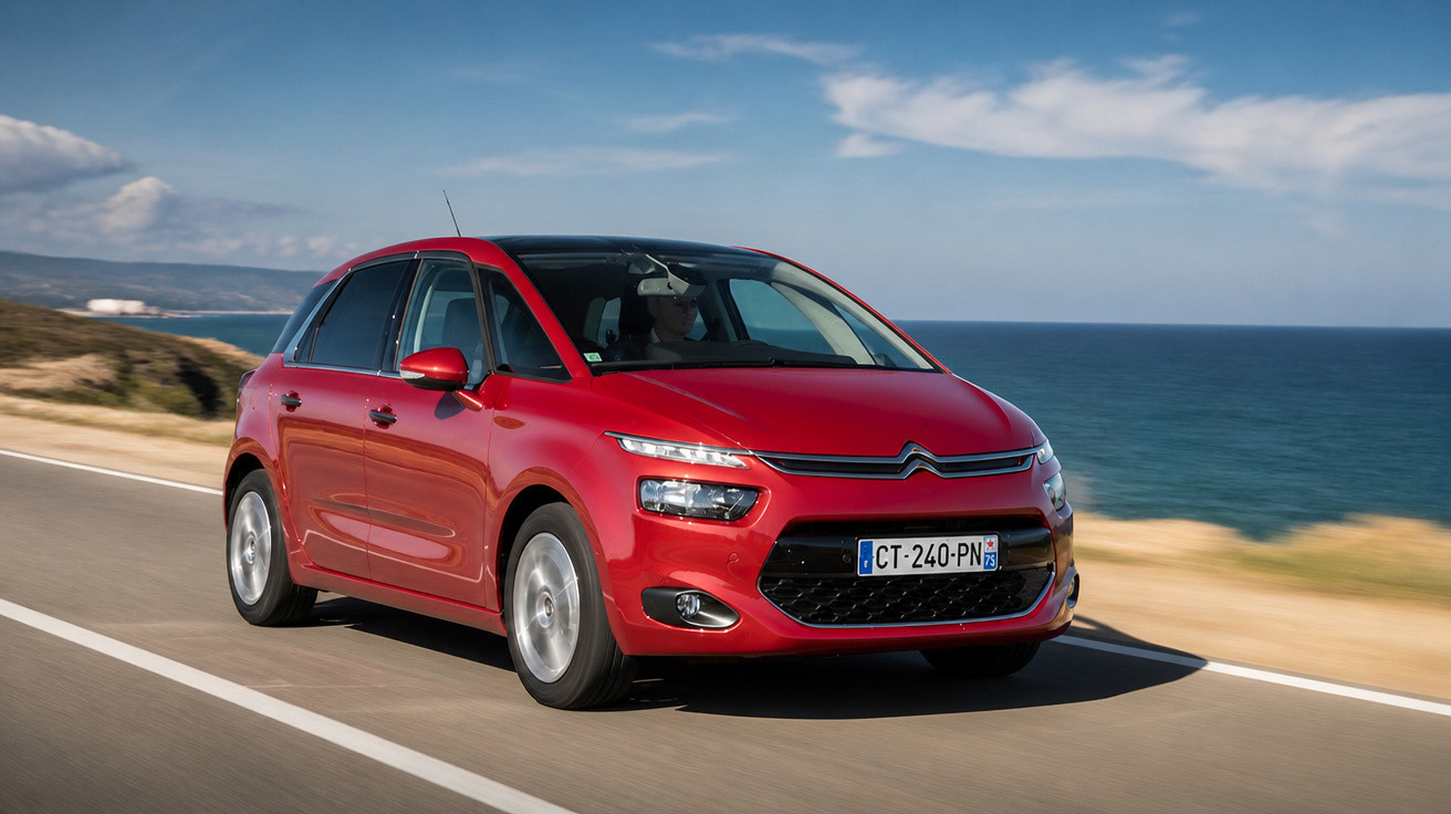 Carro Citroën vermelho a circular numa estrada costeira com vista para o mar e céu parcialmente nublado.