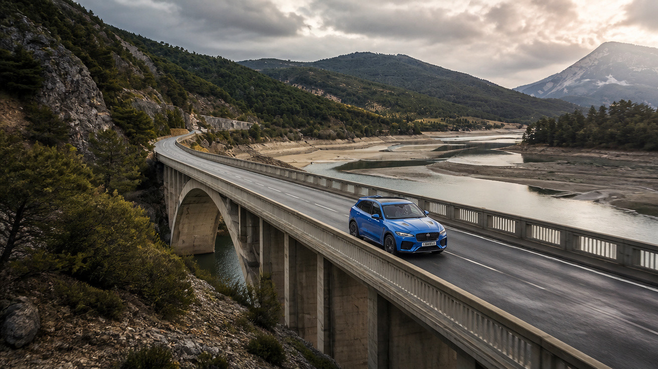 Carro azul a circular numa ponte sobre rio entre montanhas com céu nublado ao fundo.