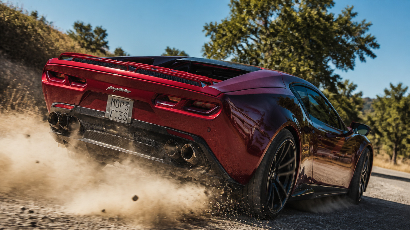 Carro desportivo vermelho em alta velocidade numa estrada de terra, levantando poeira e pedras.