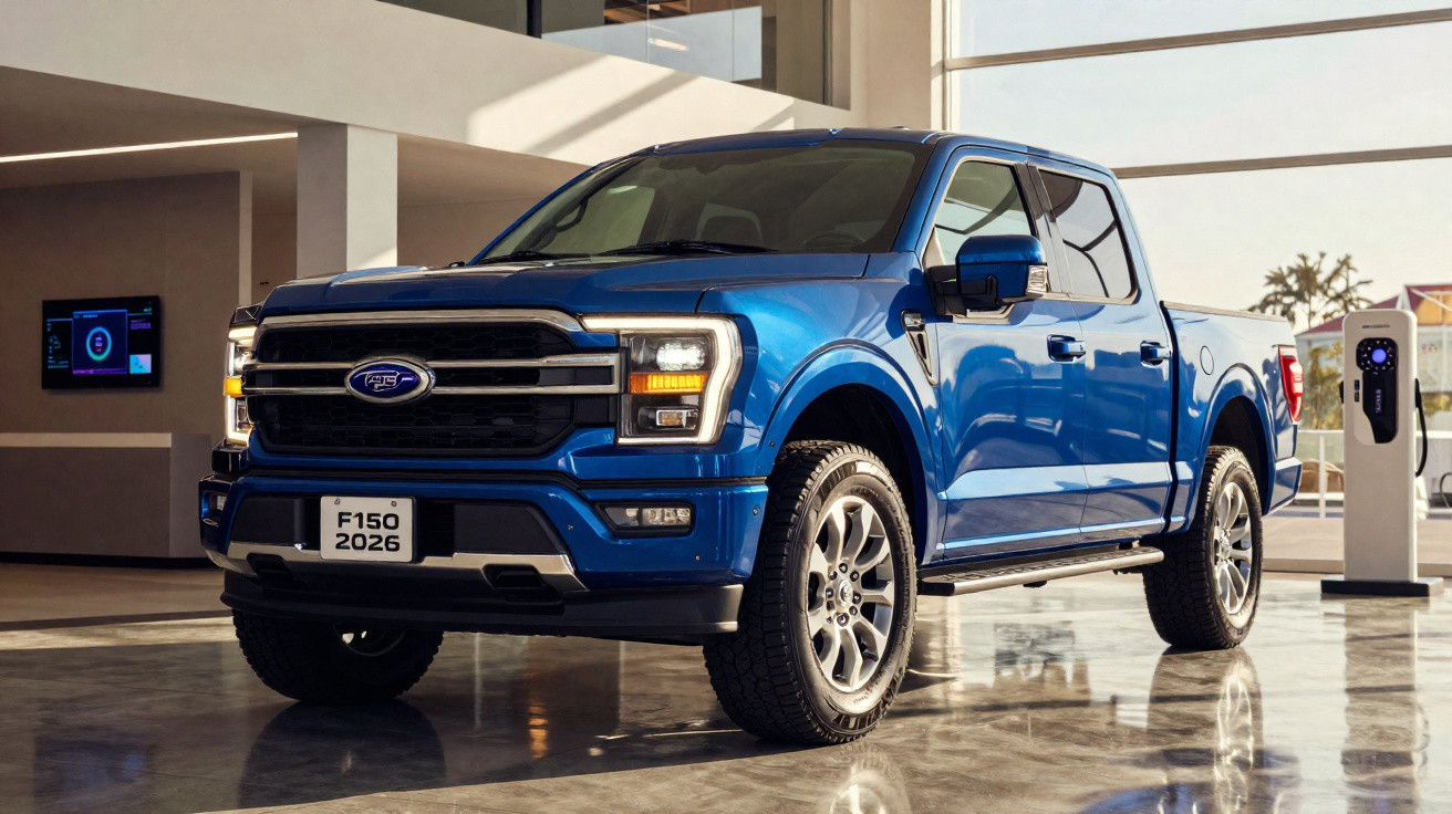 Pick-up Ford F-150 azul com faróis ligados, estacionada em showroom moderno e iluminação natural.