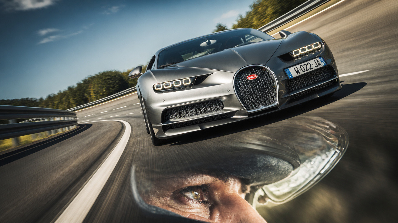Carro desportivo Bugatti cinzento a acelerar numa estrada, com reflexo do olhar do condutor no capacete.
