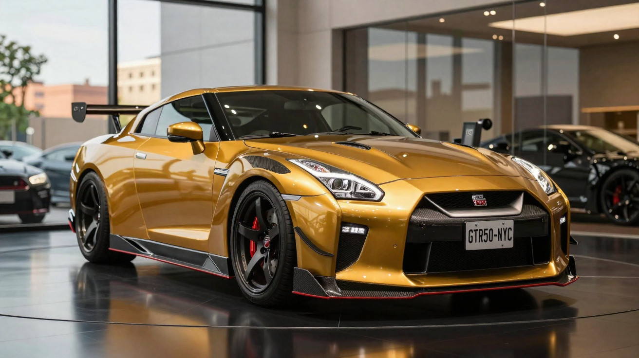 Carro desportivo dourado Nissan GT-R exposto numa sala com chão brilhante e vidros amplos.