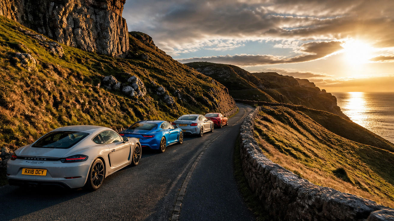 Quatro carros desportivos estacionados numa estrada costeira ao pôr do sol, com penhascos e mar à direita.