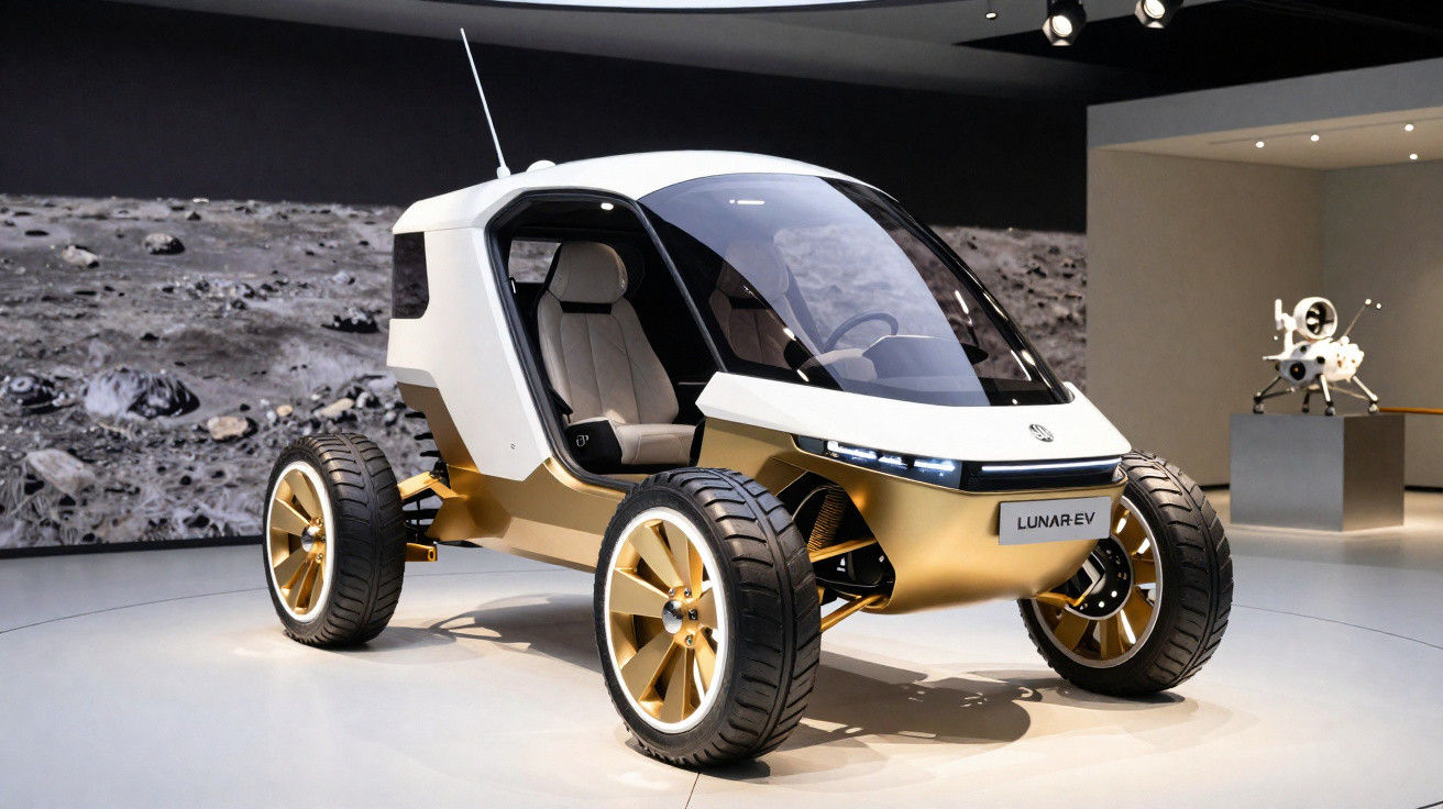 Veículo lunar elétrico futurista de quatro rodas exposto em ambiente de museu com cenários lunares.