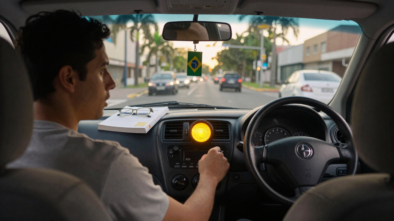 Homem ao volante com mão na consola central de carro, vista da estrada através do para-brisas.