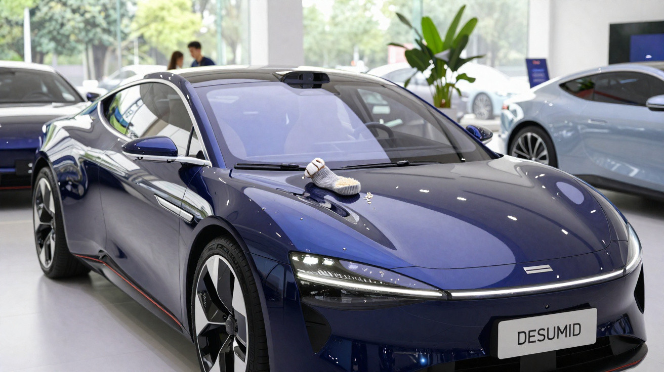 Carro elétrico azul escuro em exposição com sapato branco e flor sobre o capô.