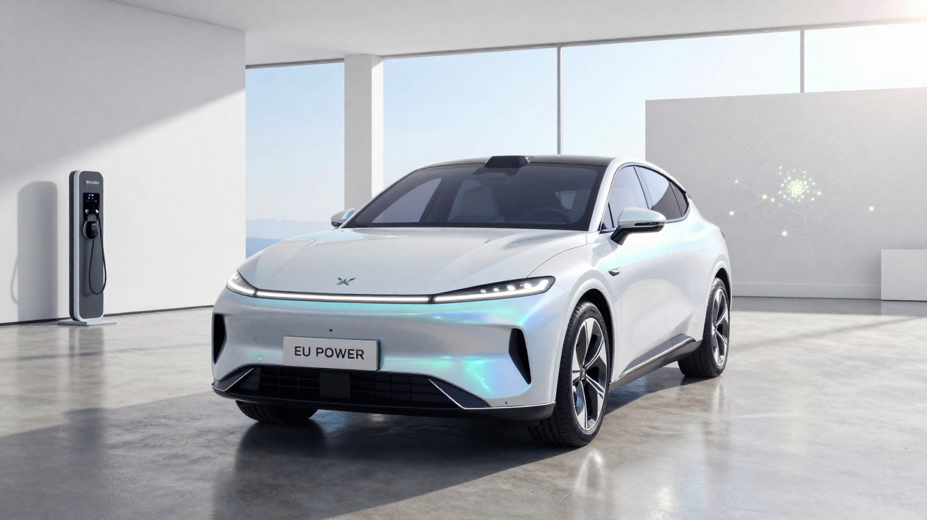 Carro elétrico branco estacionado numa garagem moderna com estação de carregamento ao lado e placa EU POWER.
