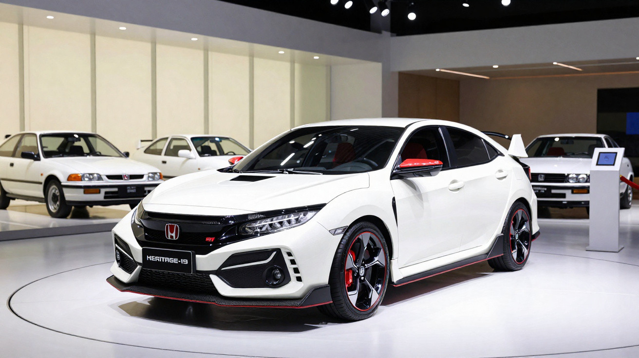 Carro desportivo Honda branco em exposição em museu, com modelos clássicos ao fundo.