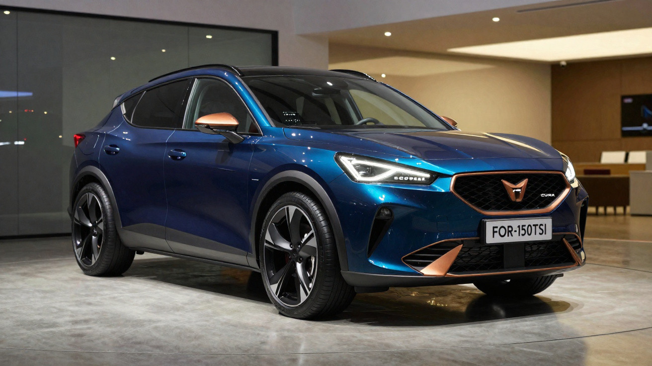 Carro desportivo azul escuro com detalhes em bronze numa sala iluminada interiormente.