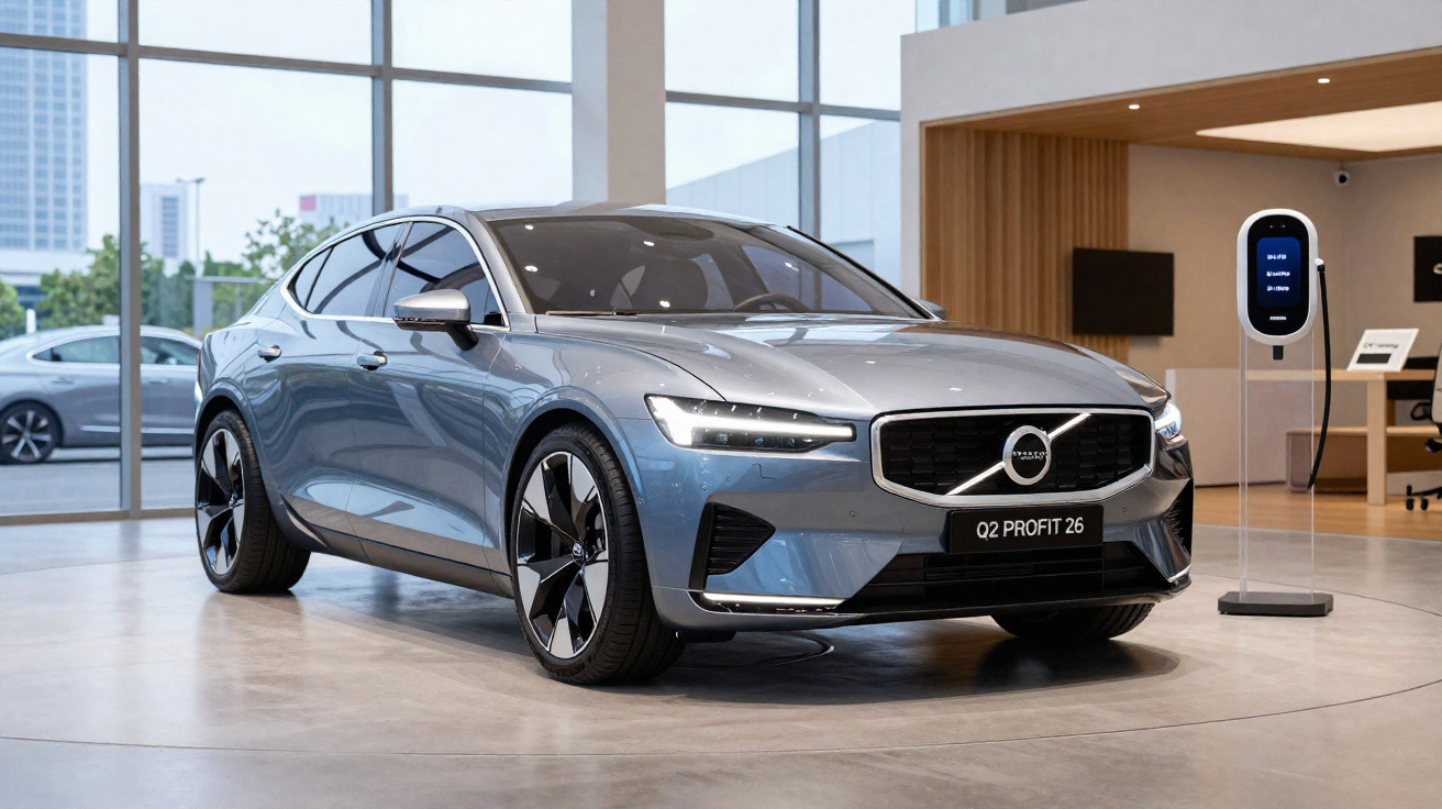Carro elétrico Volvo cinza estacionado dentro de showroom moderno com carregador elétrico ao lado.