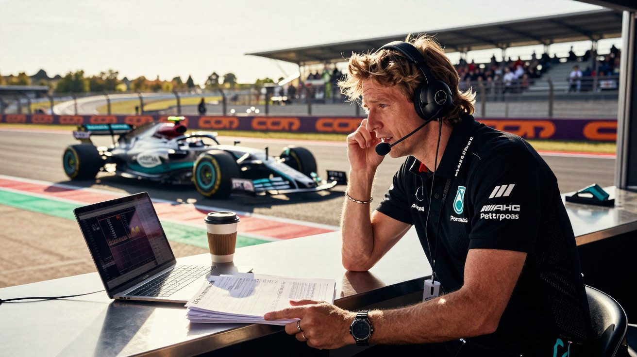 Engenheiro de corrida com headset analisa dados em computador durante treino de Fórmula 1 com carro Mercedes ao fundo.