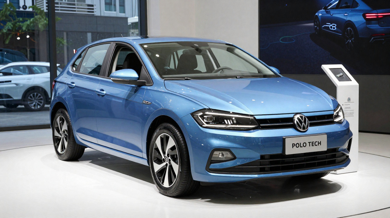 Carro azul Volkswagen Polo Tech exposto em stand moderno com placa frontal visível.