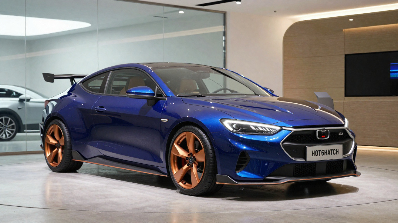 Carro desportivo azul com jantes douradas exposto em espaço interior moderno.
