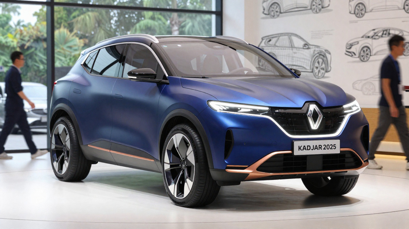 Renault Kadjar 2025 azul exibido numa sala de exposição com pessoas ao fundo.