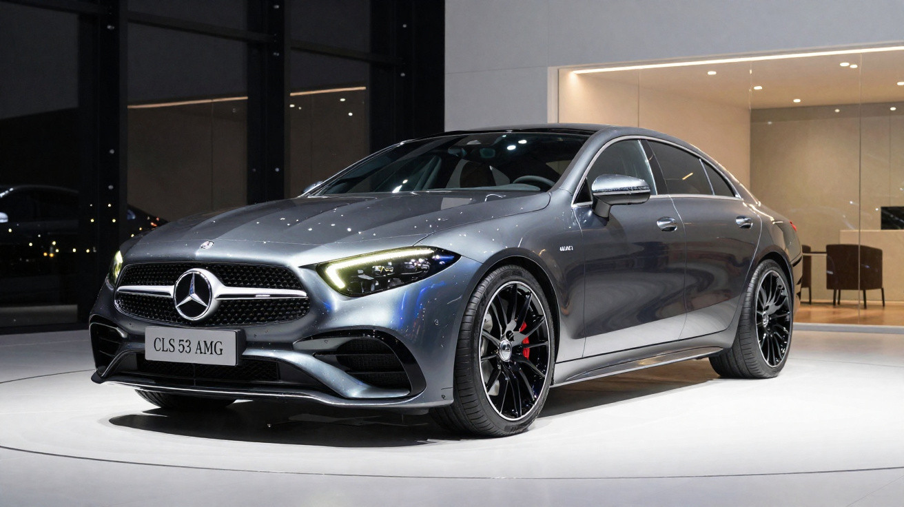 Carro Mercedes-Benz CLS 53 AMG cinzento estacionado em ambiente interior iluminado.
