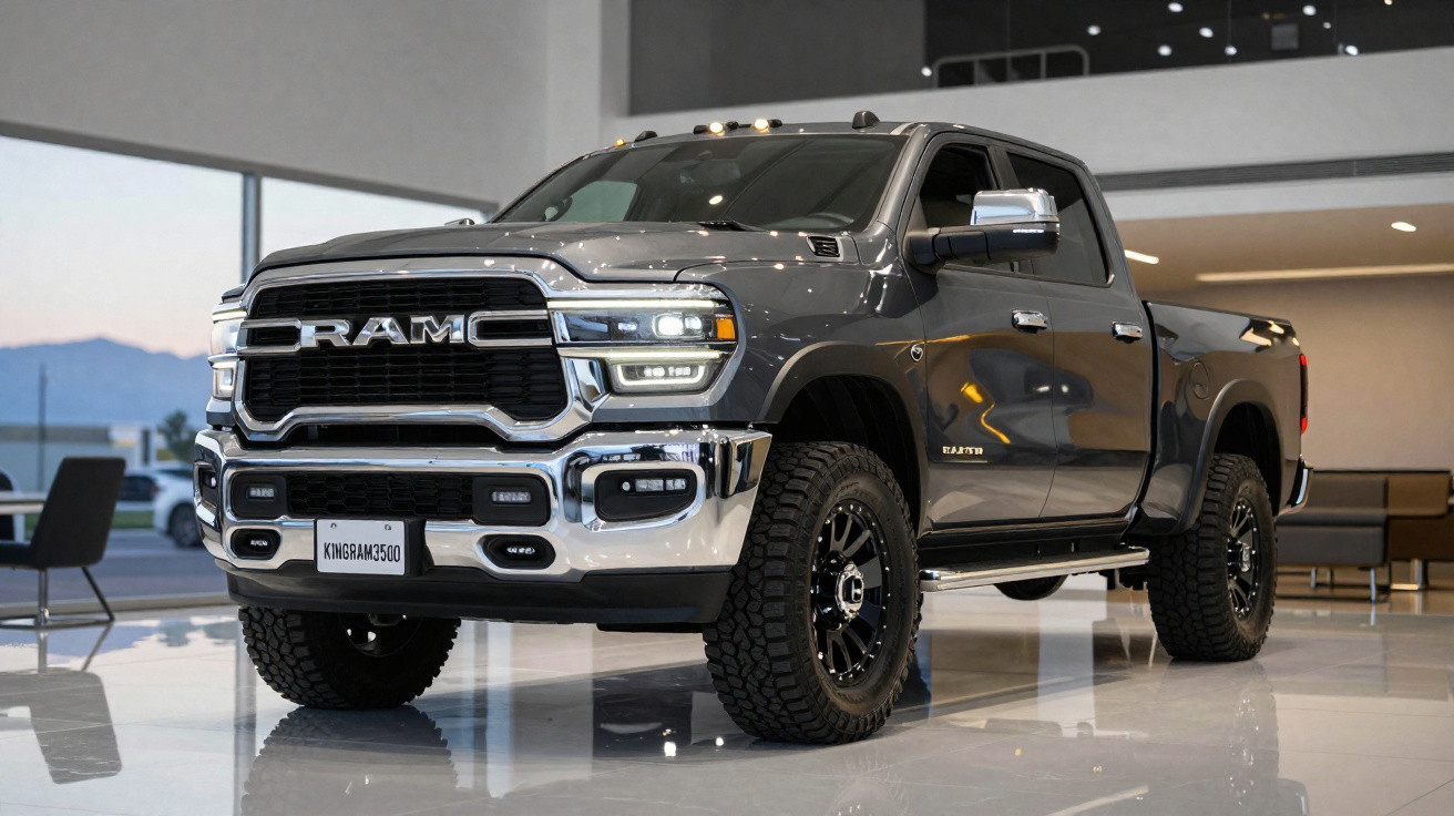 Pick-up RAM 3500 cinzenta exibida num showroom moderno com piso branco e luz natural.