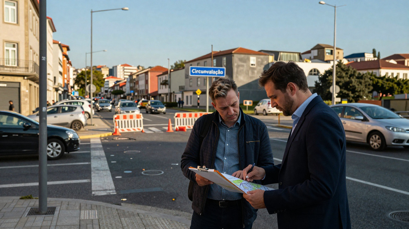 Dois homens analisam mapas em rua urbana com trânsito e sinalização de obras ao fundo.