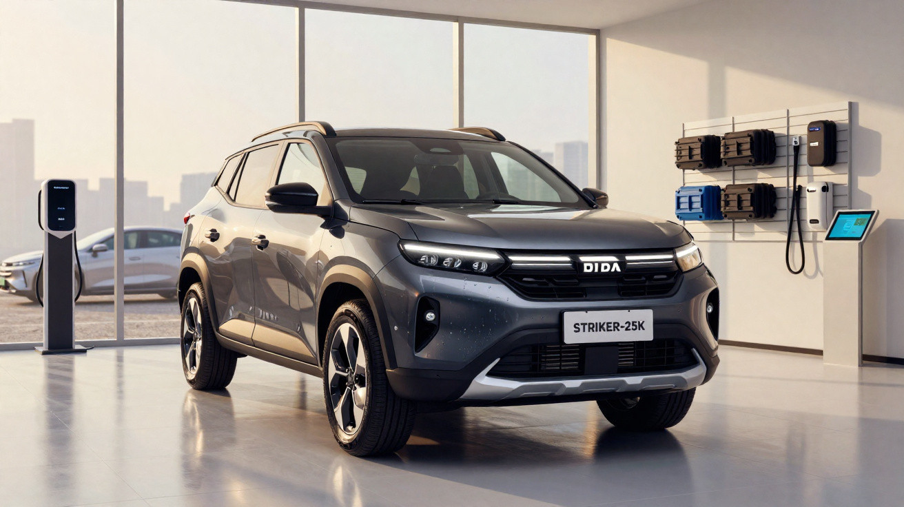 Automóvel elétrico cinza Dida Striker-25K estacionado em showroom moderno com estação de carregamento.
