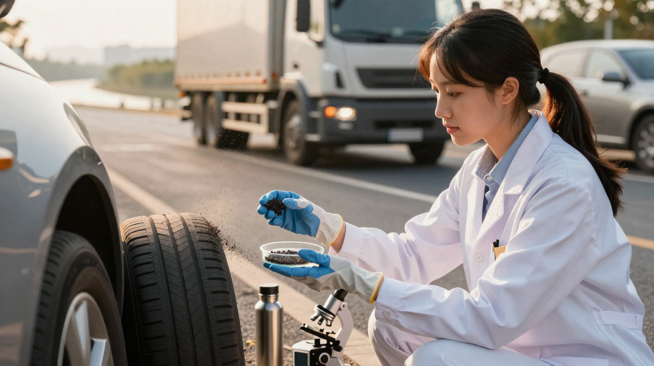Mulher cientista com bata branca analisa amostra preta de pneus na estrada com microscópio próximo.