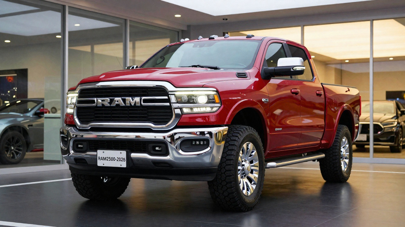 Pickup vermelha RAM 2500 modelo 2026 exibida em showroom moderno e iluminado.