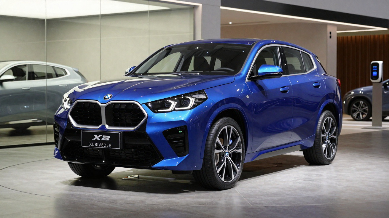 Carro SUV BMW X2 azul estacionado em showroom moderno com piso cinza e iluminação interior branca.