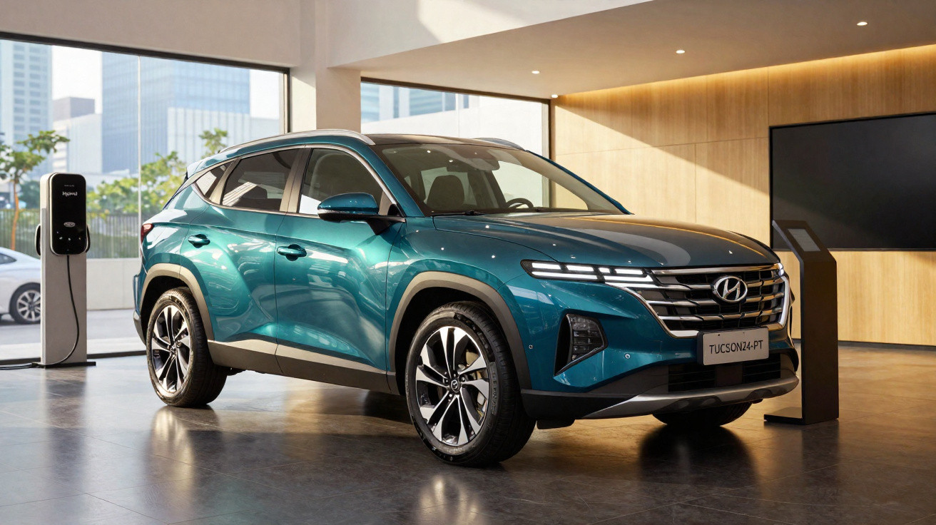 SUV Hyundai Tucson azul estacionado no interior, próximo a posto de carregamento elétrico.