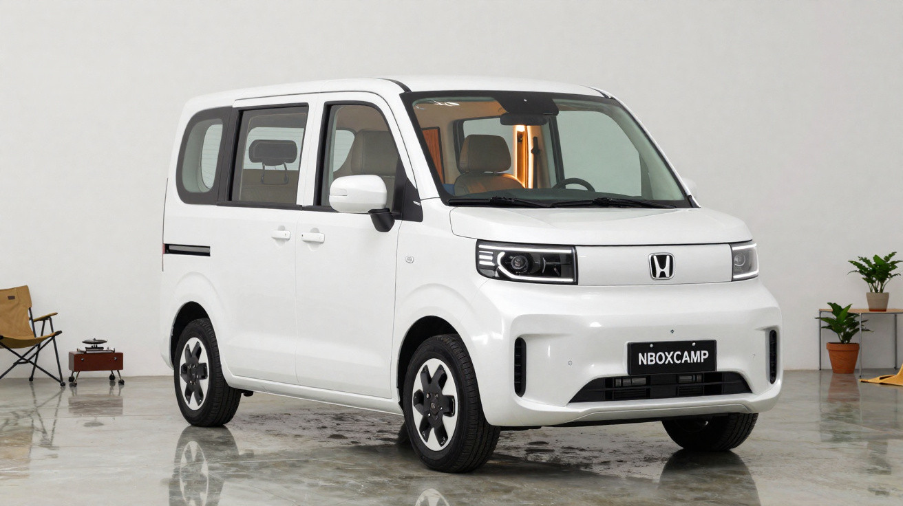 Carro elétrico branco Honda N-Box Camp estacionado em interior com chão reflete luz.