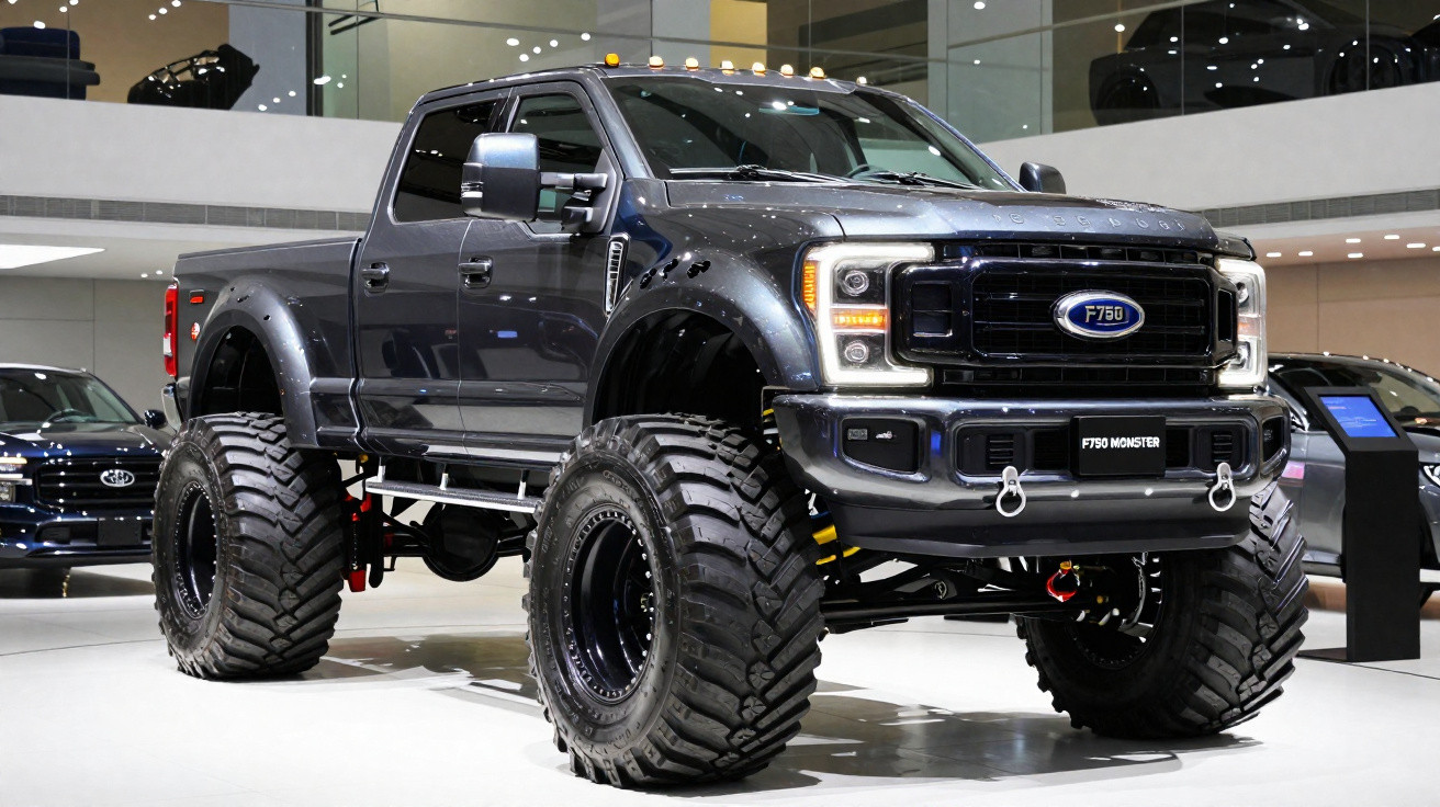 Picape Ford F750 Monster preta com grandes pneus off-road exposta em evento indoor.