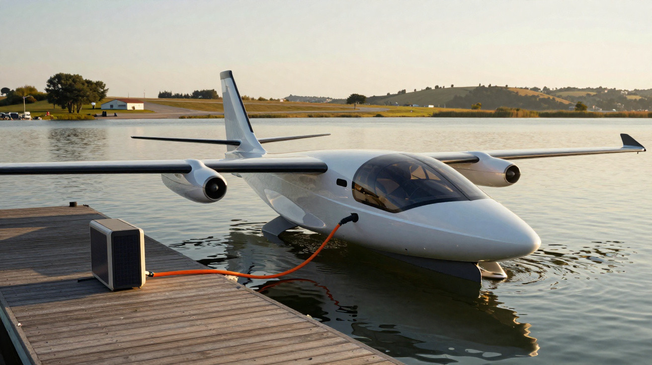 Avião elétrico flutuante ligado a uma estação de carregamento numa doca sobre um lago ao pôr do sol.
