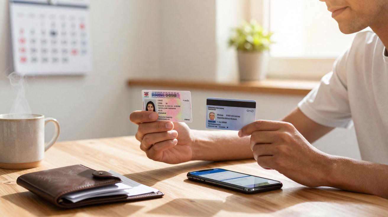 Pessoa a comparar dois cartões de identificação sentada numa mesa com telemóvel e carteira.