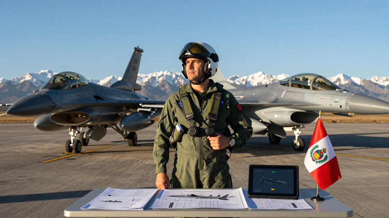 Piloto militar em fato de voo com capacete, junto a duas aeronaves de combate e mesa com mapas e bandeira do Peru.