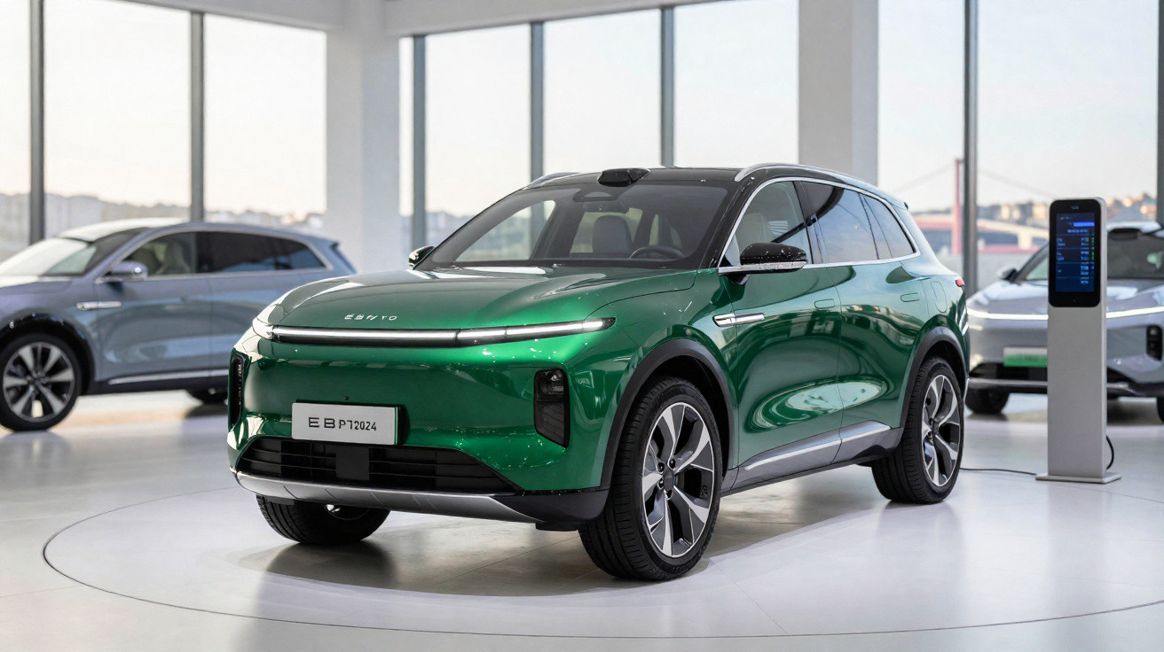 Carro elétrico SUV verde em exposição numa sala moderna com iluminação natural e outros veículos ao fundo.