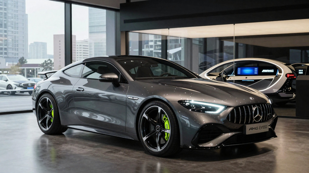 Carro desportivo Mercedes-Benz AMG cinza com detalhes verdes em exibição numa sala moderna com janelas grandes.