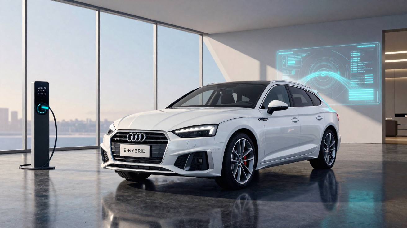 Carro Audi E-Hybrid branco a carregar numa estação de carregamento dentro de garagem moderna e espaçosa.