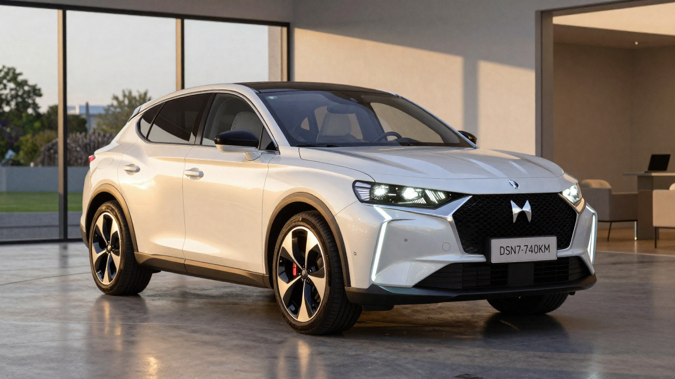 Carro SUV branco estacionado em garagem moderna com janelas grandes e chão de cimento polido.