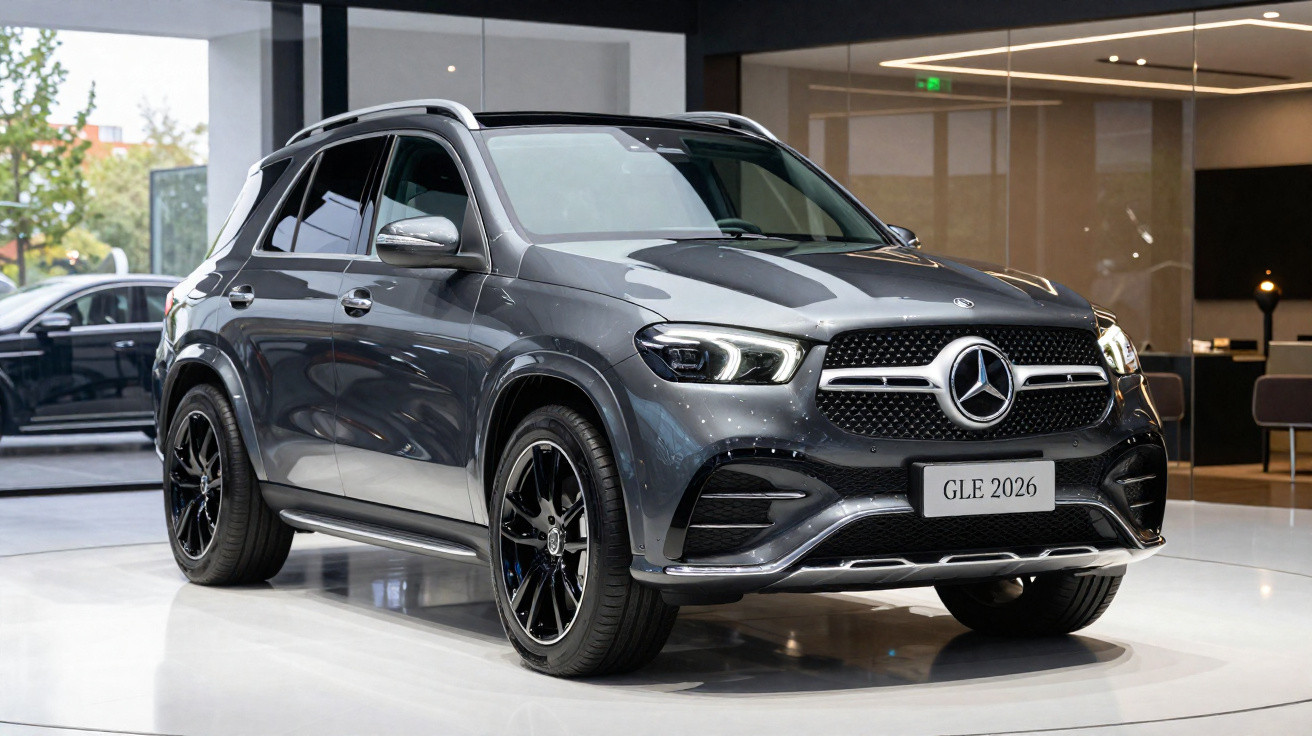 Mercedes-Benz GLE 2026 cinzento metálico exposto em showroom moderno com luz ambiente.