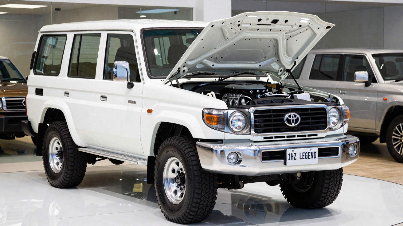 Carro Toyota Land Cruiser branco com capô aberto em exposição interior, rodado robusto e placa "1HZ LEGEND".