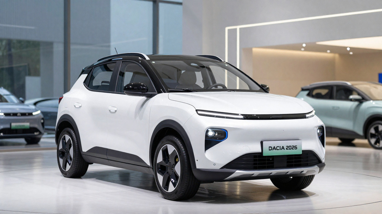 Carro elétrico branco Dacia 2026 exposto em salão automóvel moderno e iluminado.