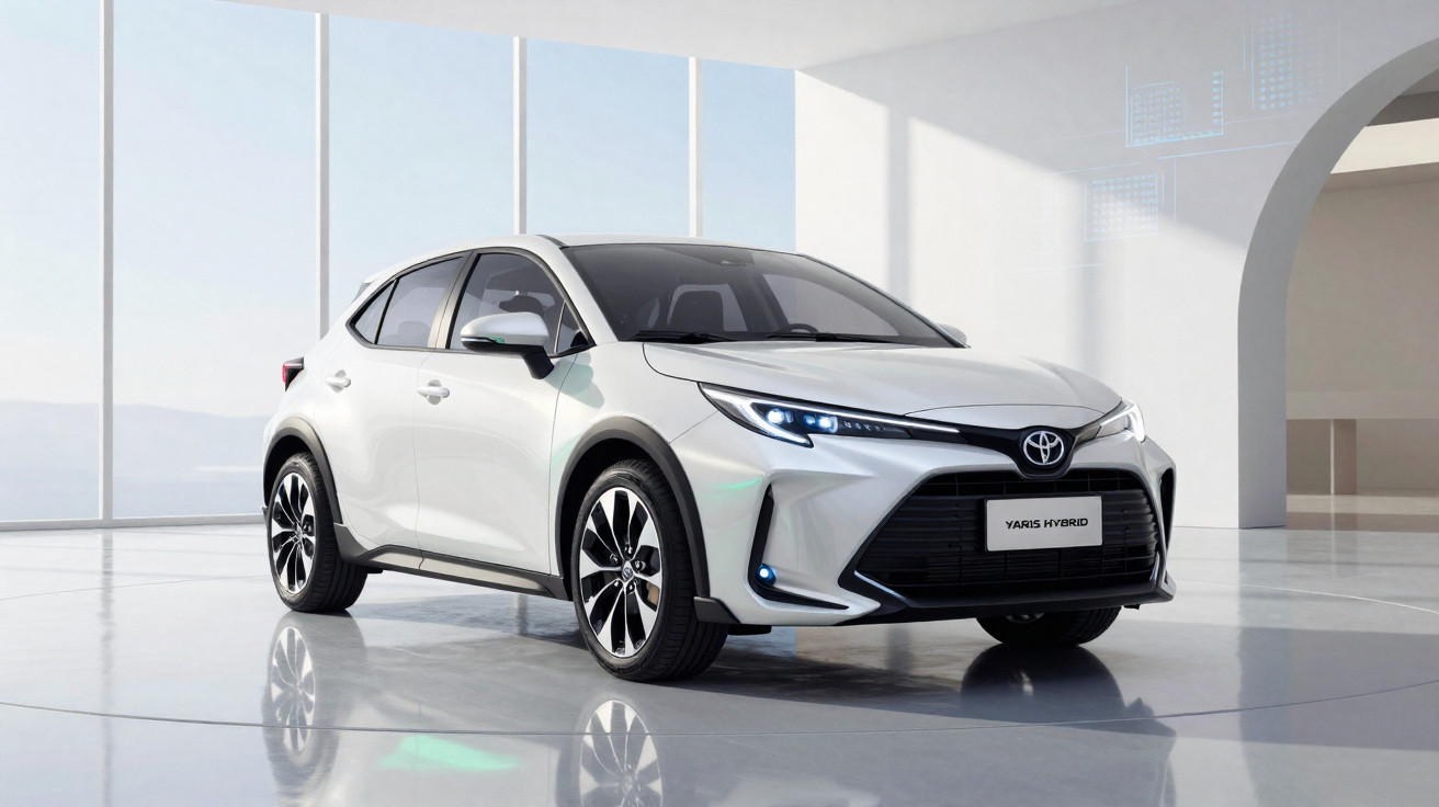 Carro Toyota Yaris Hybrid branco estacionado num espaço interior moderno e bem iluminado.