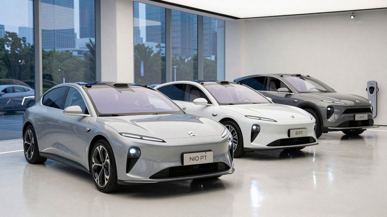 Três carros elétricos NIO alinhados numa sala moderna com janelas amplas e chão polido.
