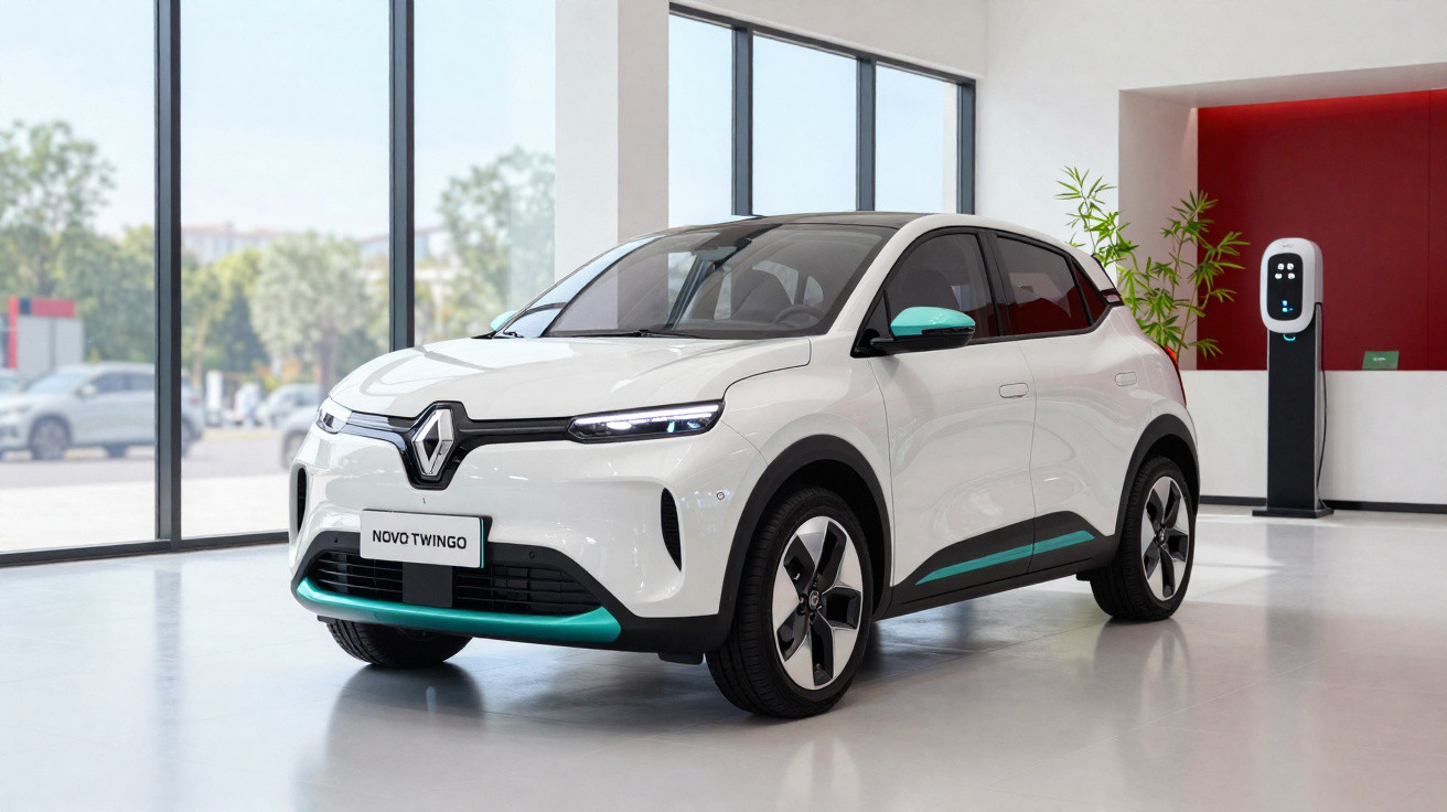 Automóvel elétrico branco Renault Novo Twingo estacionado em espaço interior moderno com carregador elétrico.