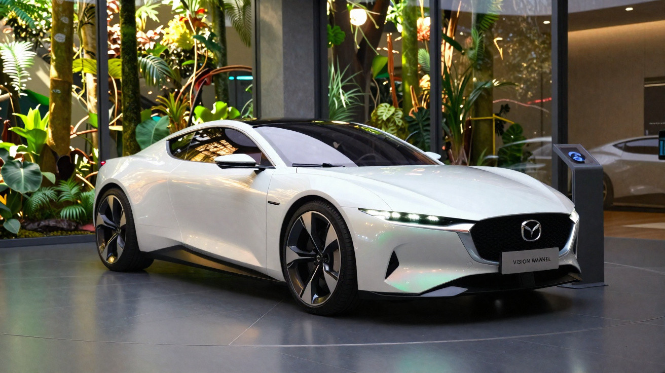 Carro desportivo branco Mazda Vision com linhas modernas estacionado em ambiente interno com plantas.
