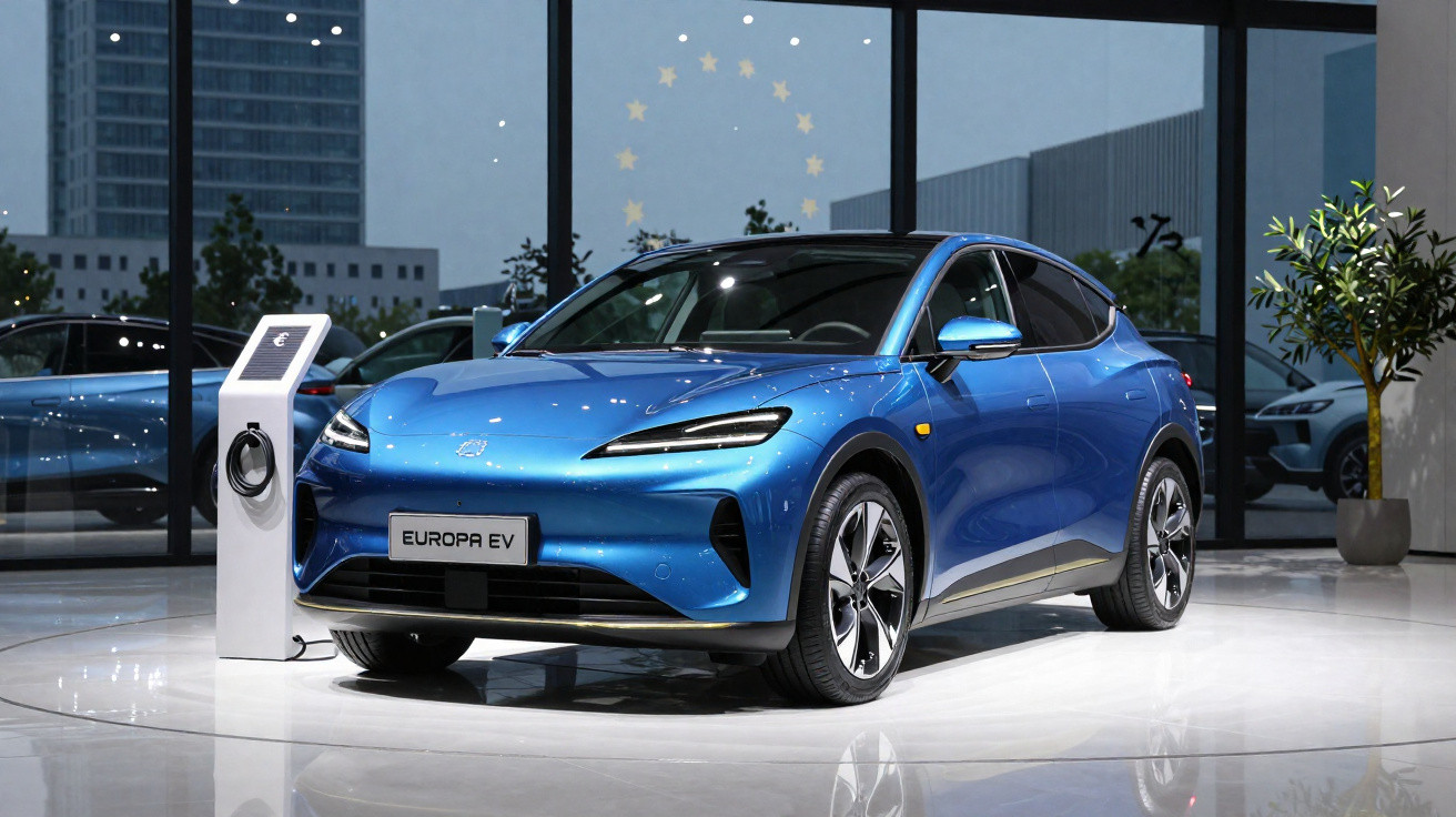 Carro elétrico azul Europa EV estacionado numa sala moderna junto a estação de carregamento.