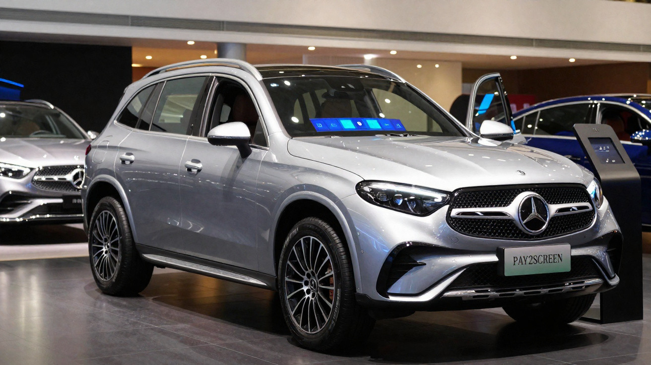 Carro SUV Mercedes-Benz prateado exposto num salão automóvel com iluminação interior.