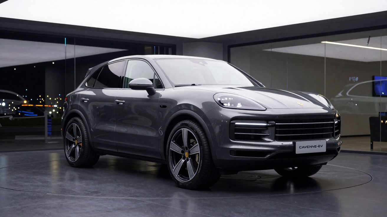 SUV elétrico cinzento Porsche Cayenne EV estacionado em salão moderno com luz suave.